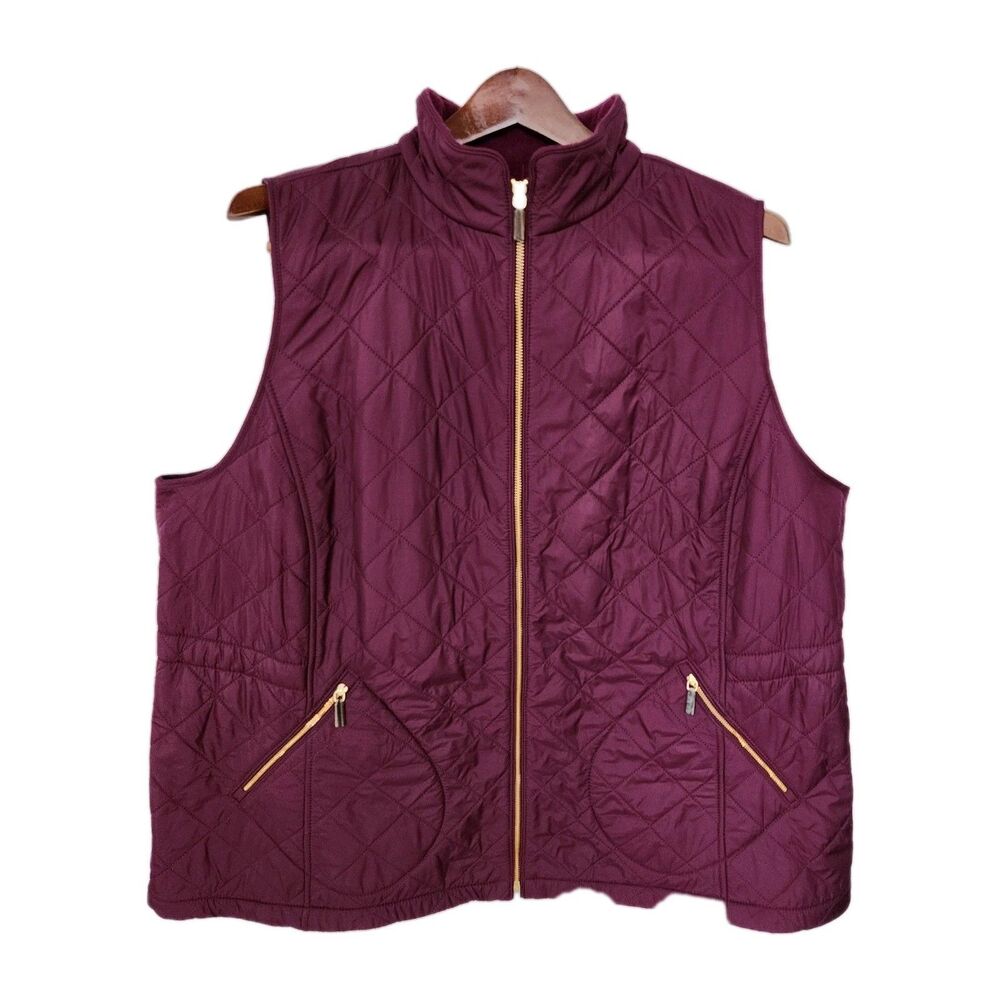 NWT Talbots Woman Diamond Quilted Puffer Vest 3X Purple Plum Gold Zip Pockets